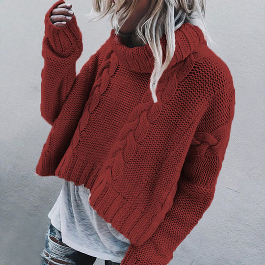 Damen Grobstrickpullover mit hohem Kragen und einzigartigem Zopfmuster EB