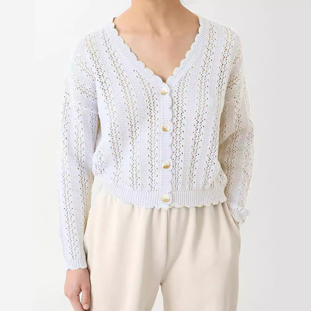Damen Strickcardigan mit femininer Rüsche und Knopfdetails EB