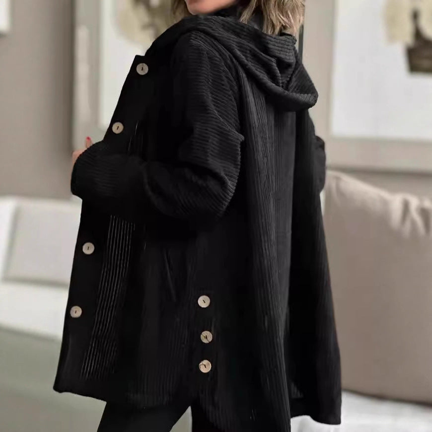 Damen Lässige cordjacke mit Kapuze und großen Knöpfen EB