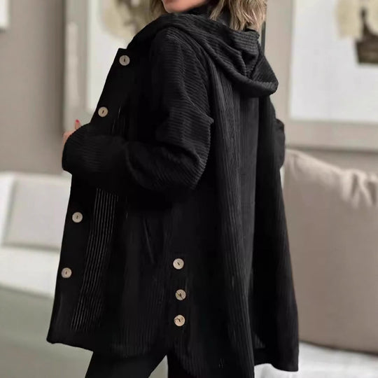 Damen Lässige cordjacke mit Kapuze und großen Knöpfen EB