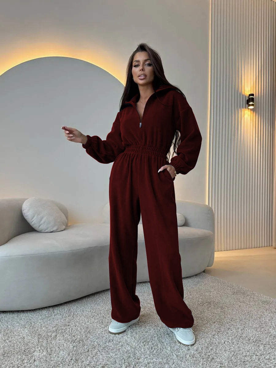 Damen eleganter Lounge-Overall mit elastischer Taillenpartie, Stehkragen, Reißverschluss und weitem Bein Eichborn Berlin