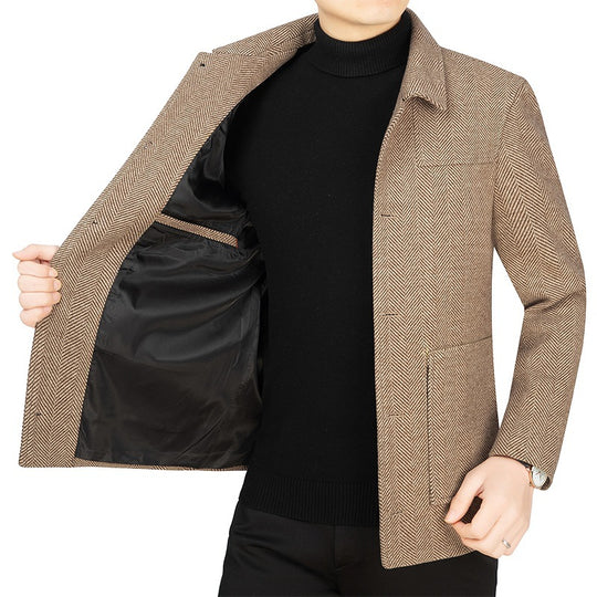 Herren Fischgrät-Übergangsjacke mit Stehkragen und aufgesetzten Taschen EB