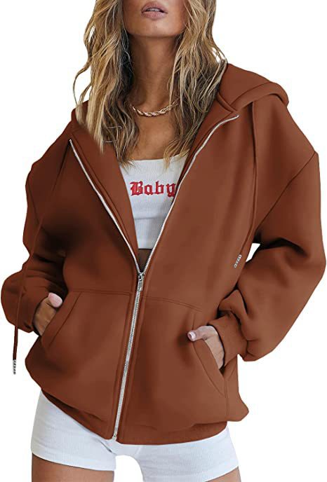 Damen nan oversized Kapuzenjacke mit durchgehendem Reißverschluss Kängurutaschen und weichem Sweatmaterial EB