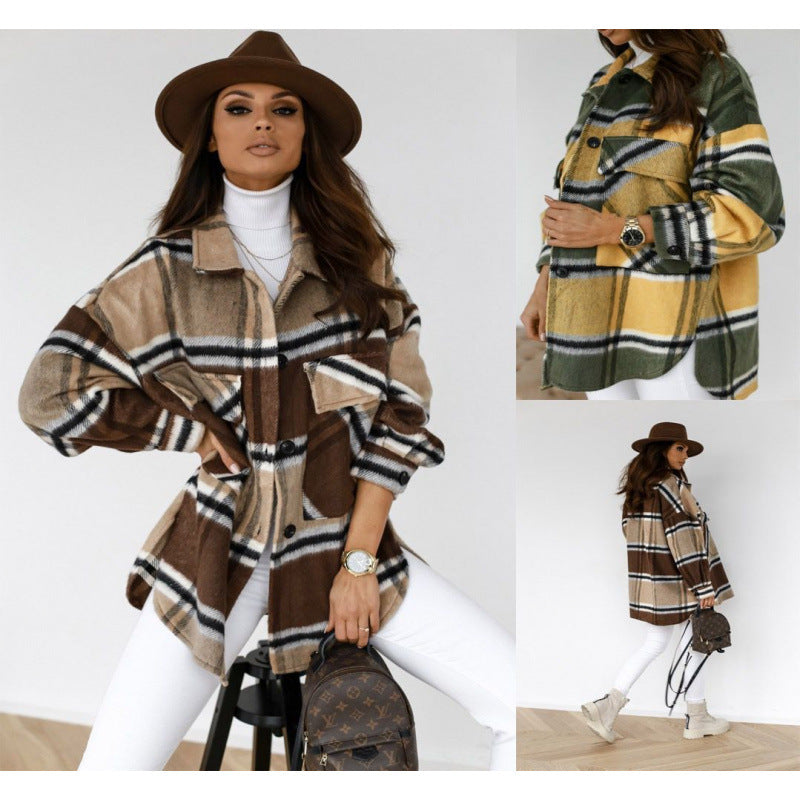 Damen Oversized Flanelljacke mit Karomuster und Taschen EB