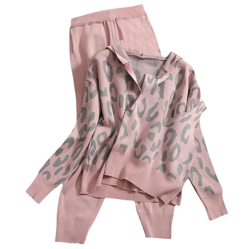 Damen lässiges Hoodie- und Jogginganzug-Set mit Leopardenmuster EB