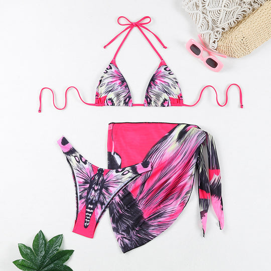 Damen Triangel-Bikini-Set mit aufregendem Schmetterlingsdruck und passendem Pareo EB