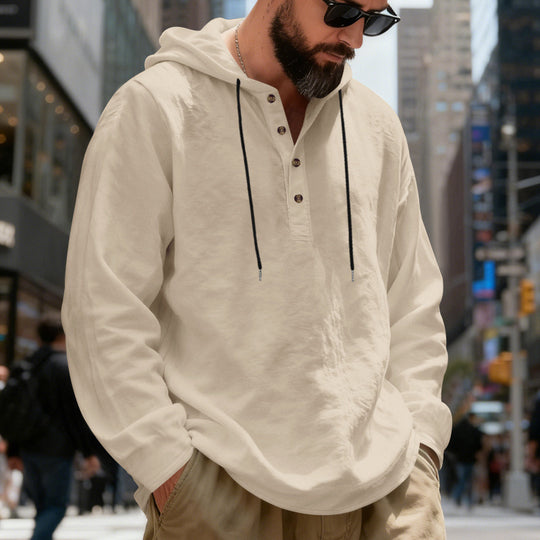 Herren nan legeres Henley-Kapuzenhemd mit Knopfleiste, Kordelzug und gerundetem Saum EB