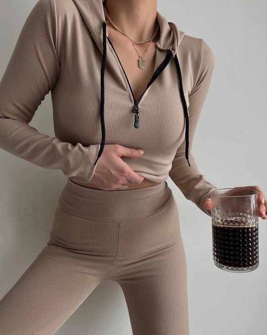 Damen geripptes Lounge-Set mit halbem Reißverschluss und hoher Taille EB