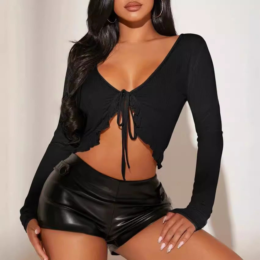 Damen kurzärmeliges Crop-Top mit verspieltem Kordelzug und Rüschendetails EB