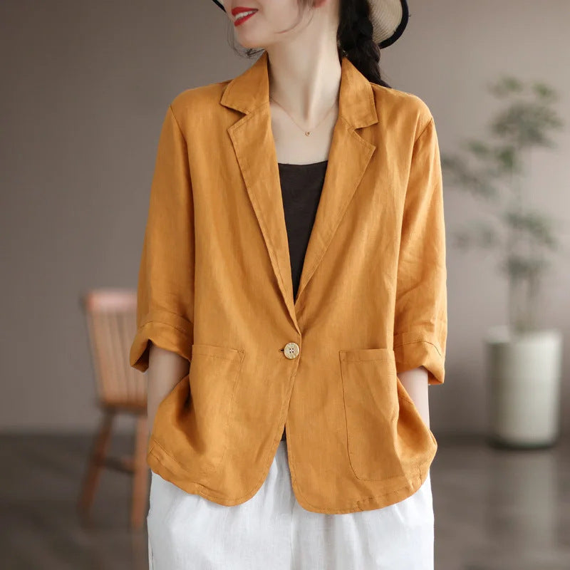 Damen Lässiger Leinenblazer mit breiten Ärmeln und Knopfverschluss EB