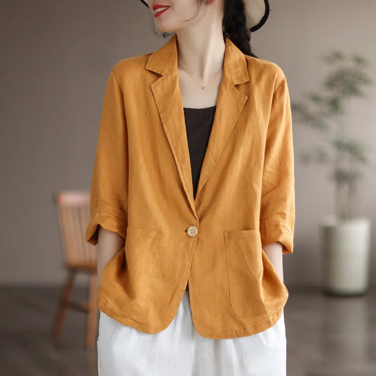 Damen Lässiger Leinenblazer mit breiten Ärmeln und Knopfverschluss EB