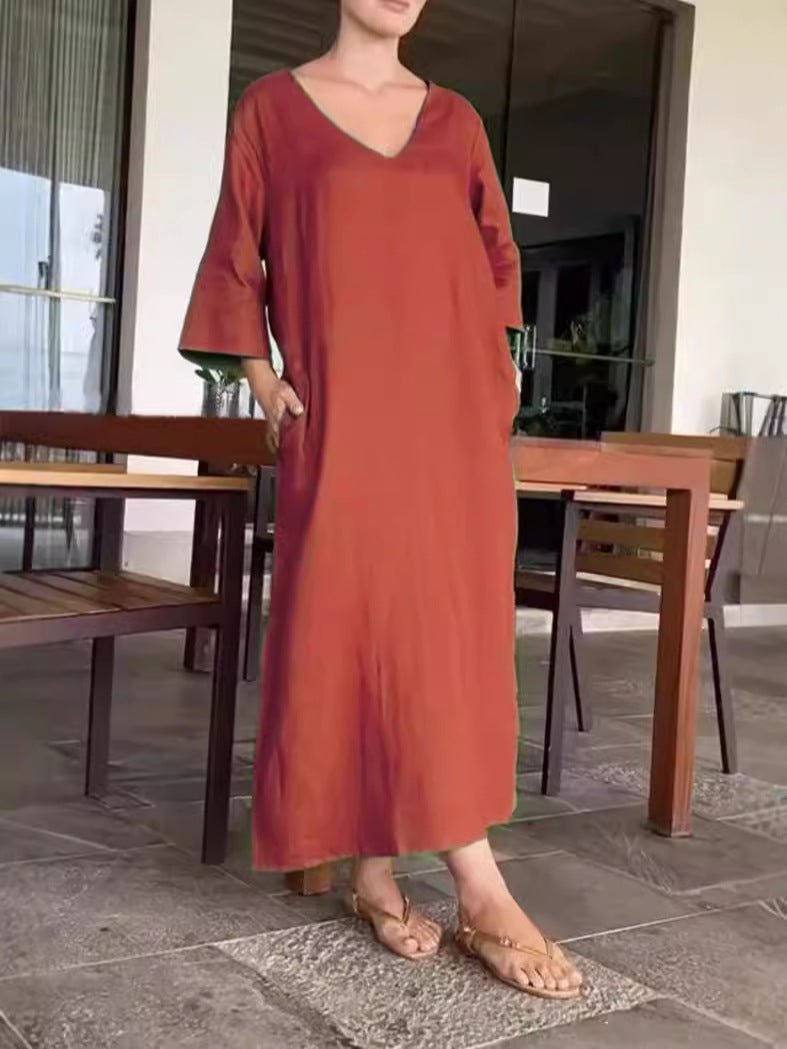 Damen luftiges Maxikleid aus atmungsaktiver Baumwolle mit V-Ausschnitt und praktischen Taschen EB