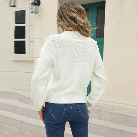 Damen kuscheliger Pullover mit feinem Strukturmuster und dekorativen Perlendetails EB