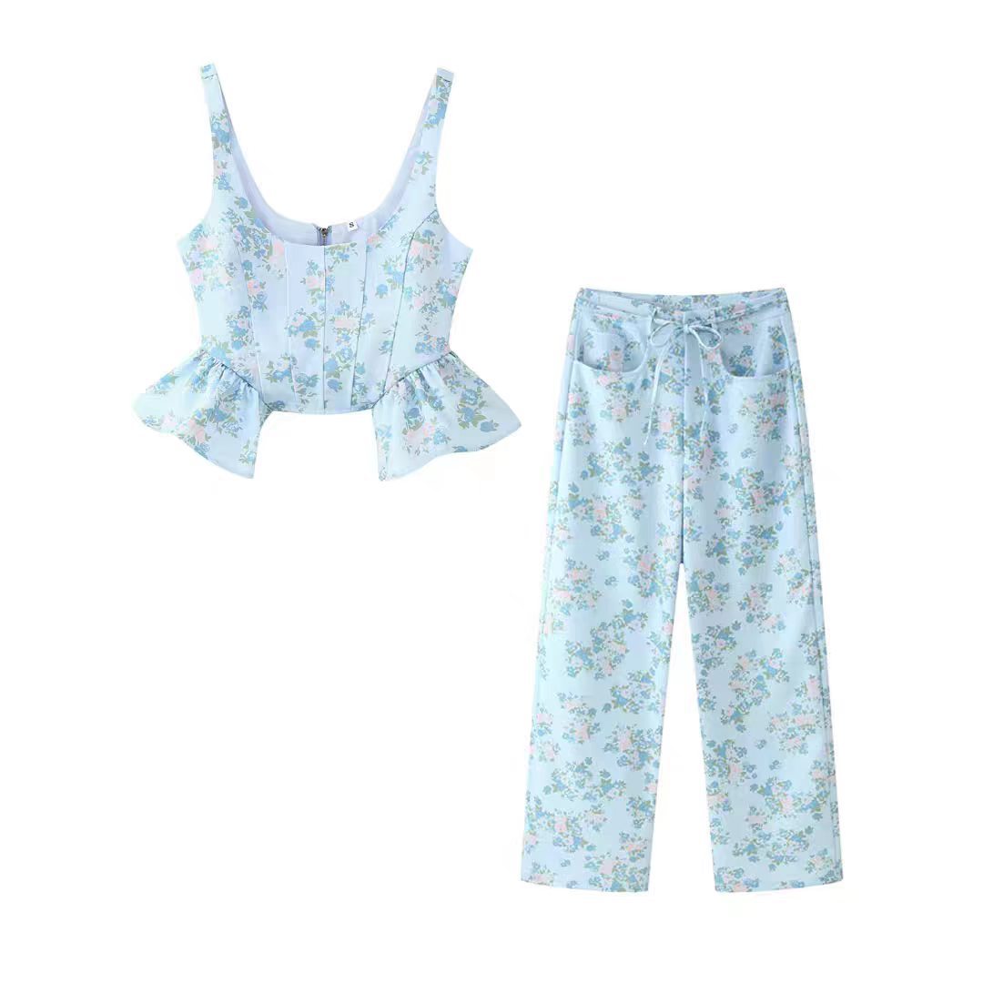 Damen Oberteil und Hose Set mit floralem Design und voluminösem Schnitt EB