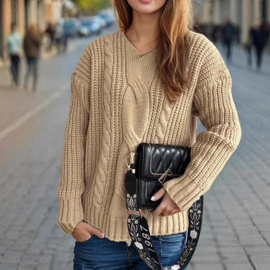 Damen Grobstrickpullover mit kreativem Zopfdesign und lässigem Schnitt EB