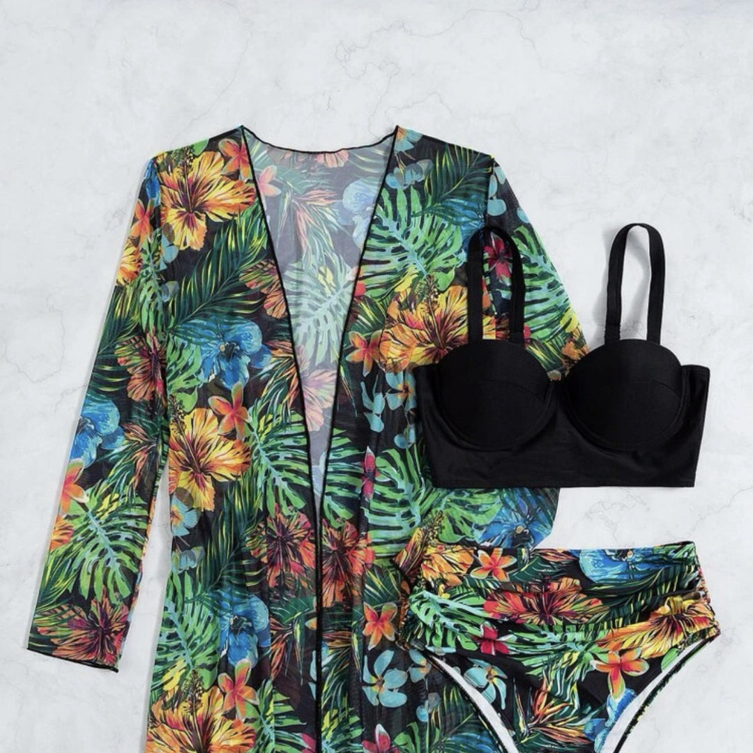 Damen Bikiniset mit floralem Überwurf EB