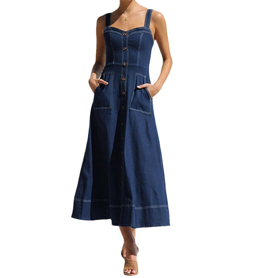 Damen langes Jeanskleid mit Knopfleiste und praktischen Taschen EB