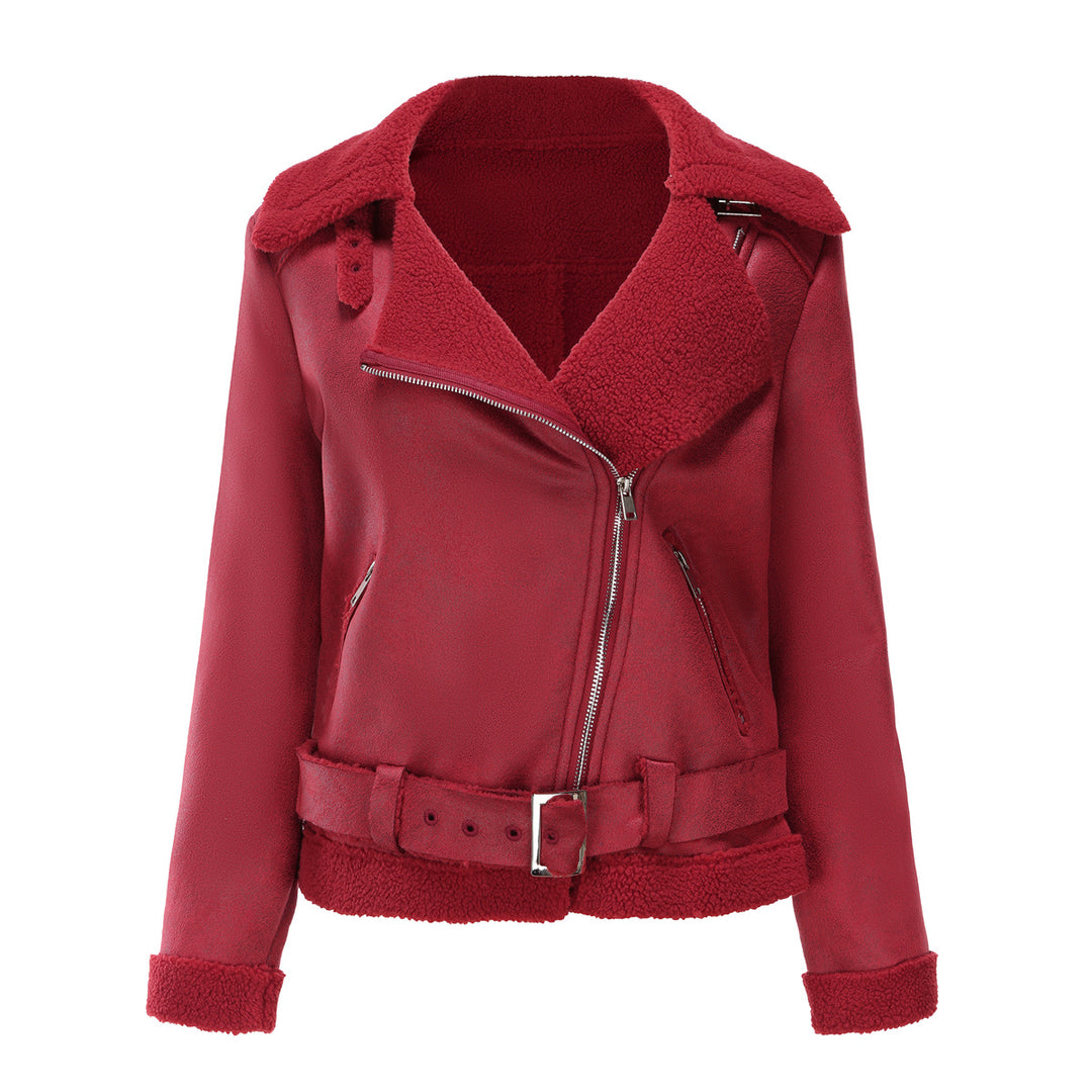 Damen nan taillierte Lammfellimitat-Fliegerjacke mit Gürtel und Teddyfutter EB
