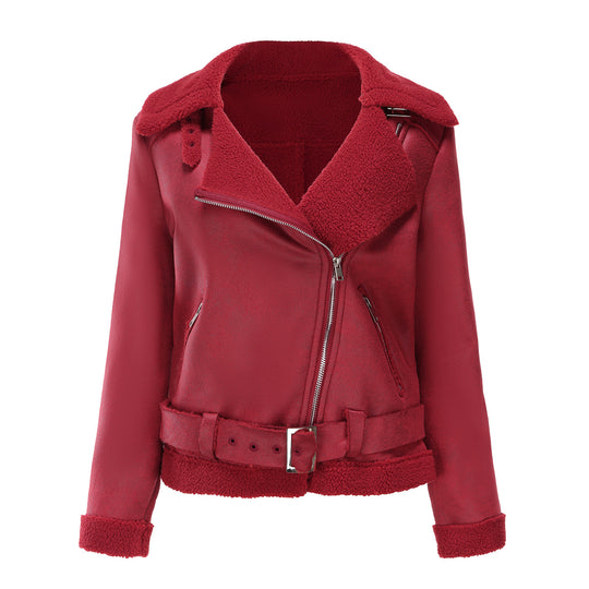 Damen nan taillierte Lammfellimitat-Fliegerjacke mit Gürtel und Teddyfutter EB