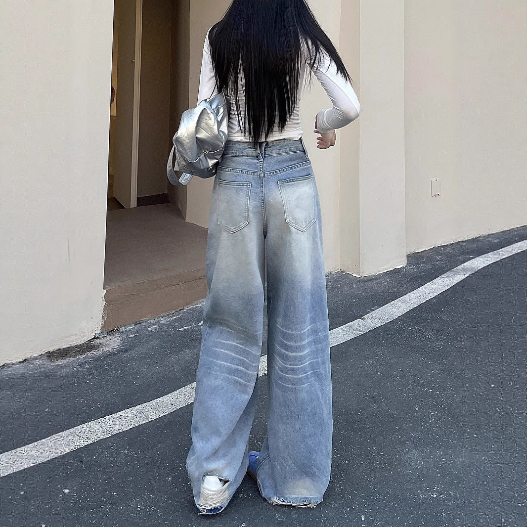 Damen Weite Baggy-Jeans mit modischem Used-Effekt und hohen Taschen EB