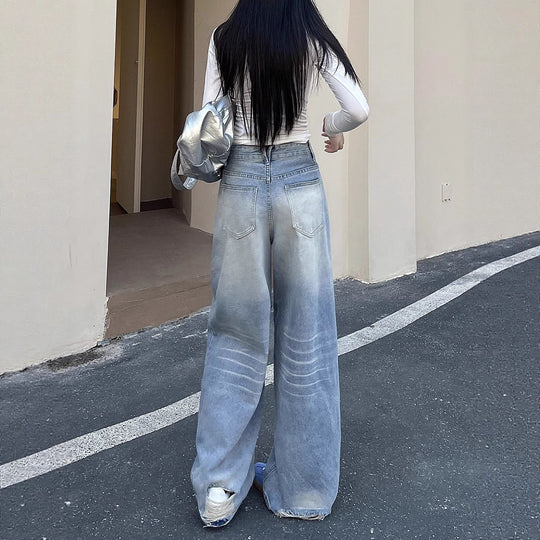 Damen Weite Baggy-Jeans mit modischem Used-Effekt und hohen Taschen EB