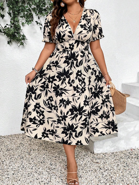 Damen Maxikleid mit V-Ausschnitt und elastischem Taillenbund EB