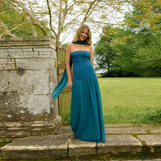 Damen Maxikleid mit undurchsichtiger unterer Schicht und elegantem Faltenwurf EB