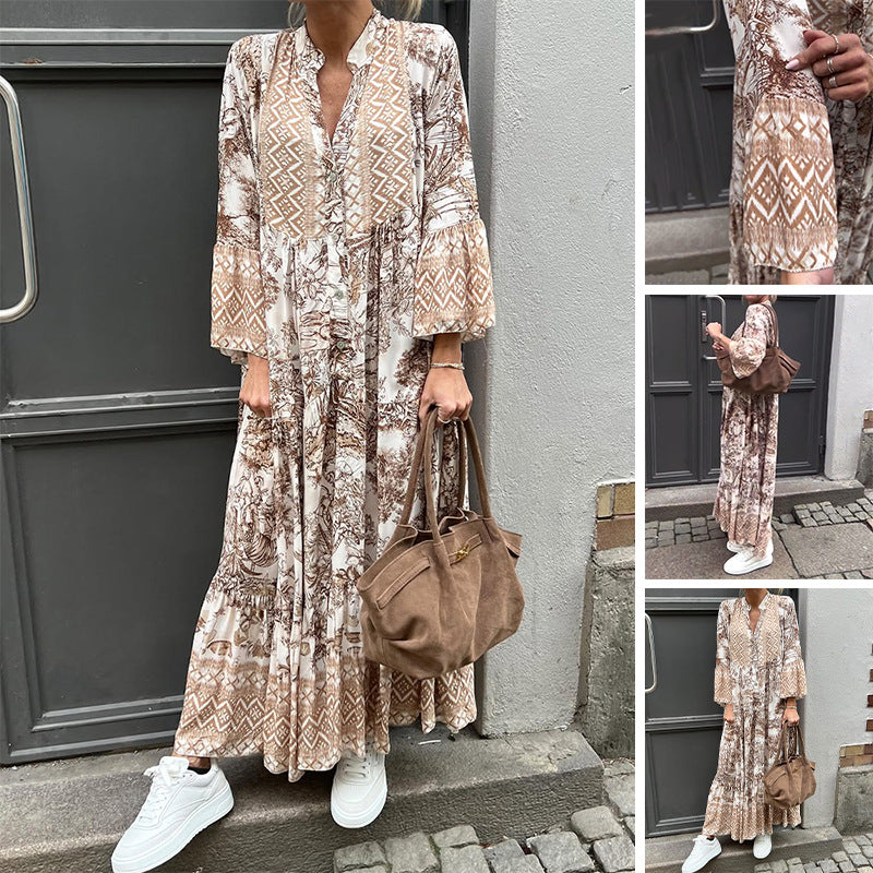 Damen Maxikleid mit voluminösen Ärmeln und elegantem Muster Heidi-Mode
