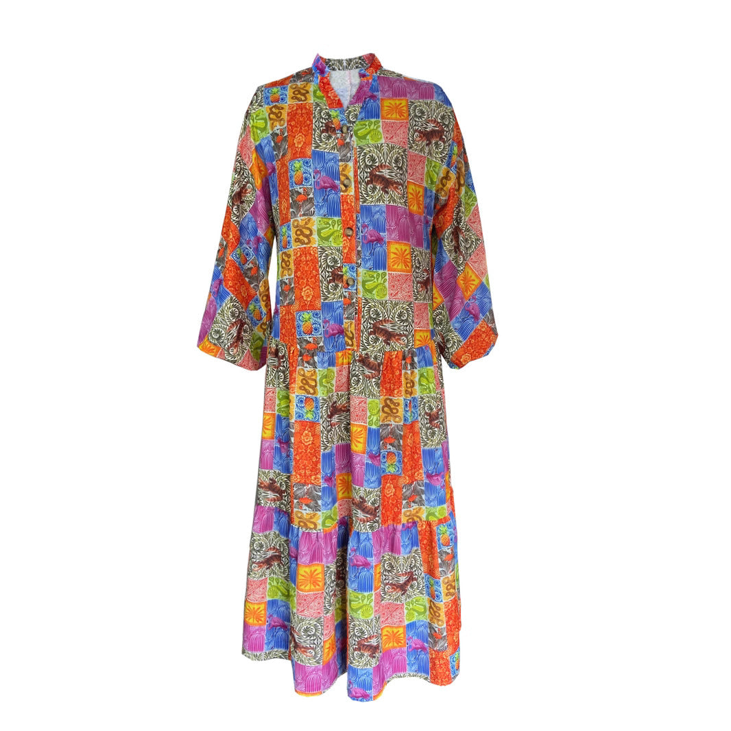 Damen Langes Patchwork-Kleid aus luftiger Baumwolle mit weitem Schnitt EB