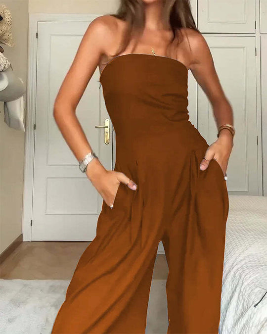 Damen trägerloser Jumpsuit mit weitem Bein und seitlichen Taschen EB