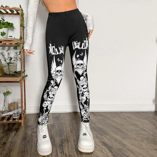 Damen Leggings mit auffälligem Totenkopf- und floralem Design EB