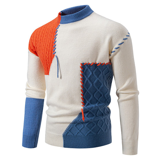 Herren modischer Strickpullover mit kreativen Zopf- und Farbblockdesign EB