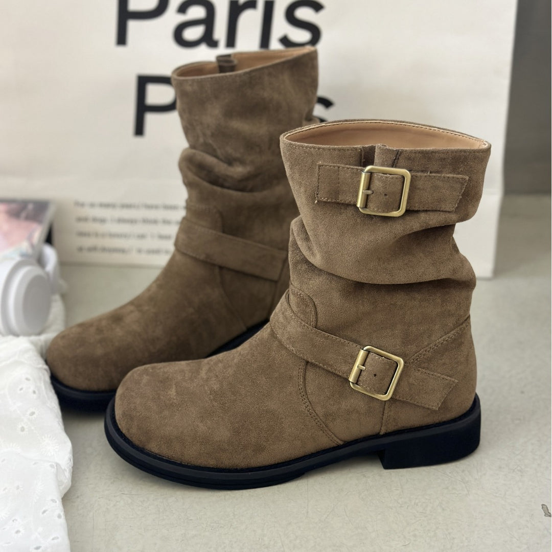 Damen modische Stiefel mit elegantem Riemen und rohem Look EB