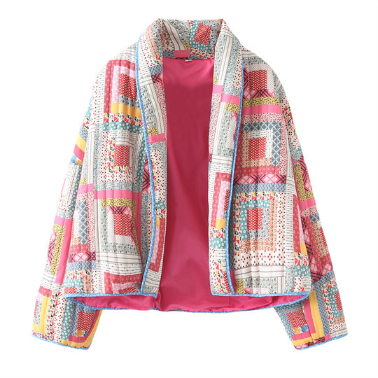 Damen gesteppte Patchwork-Jacke mit buntem Design und praktischen Taschen EB