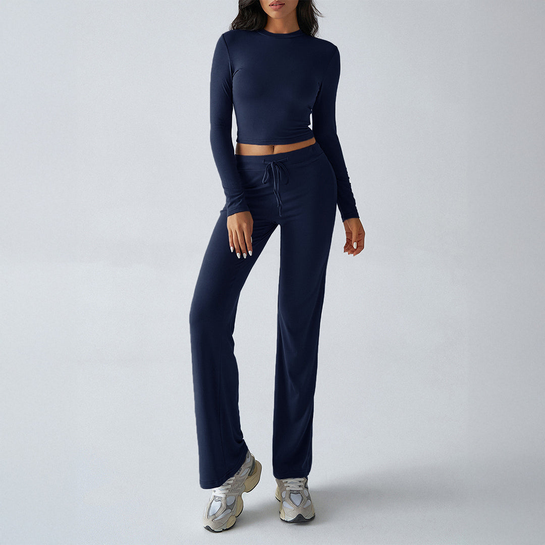 Damen nan tailliertes Longsleeve-Crop-Top und weite Lounge-Hose im Zweiteiler-Set aus Stretchjersey EB