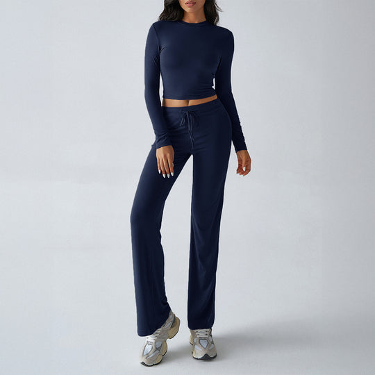 Damen nan tailliertes Longsleeve-Crop-Top und weite Lounge-Hose im Zweiteiler-Set aus Stretchjersey EB