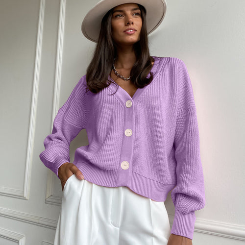 Damen kuschelige Strickjacke mit umschlagbaren Ärmeln und modischen Knopfdetails EB