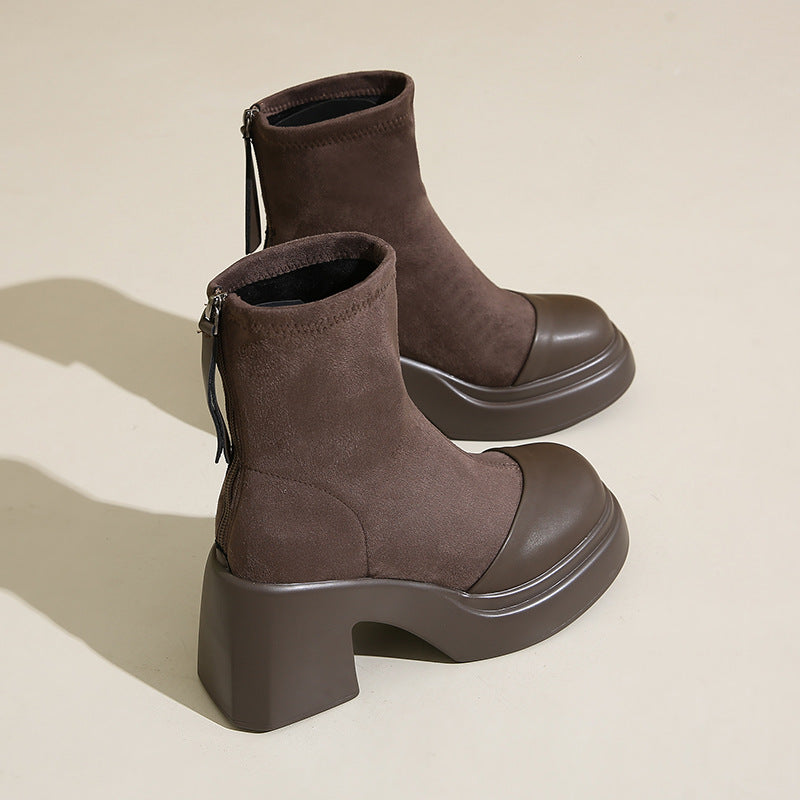 Damen Hochfront Stiefeletten mit modischem Blockabsatz und elastischem Material EB
