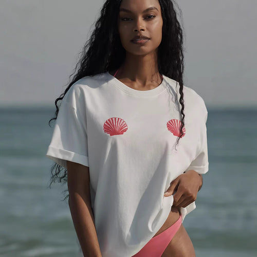 Damen lässiges T-Shirt mit maritimem Muschel-Print und lockerer Passform EB