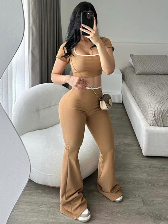 Damen sportliches Zweiteiler-Set mit weitem Bein und kurzem Oberteil EB
