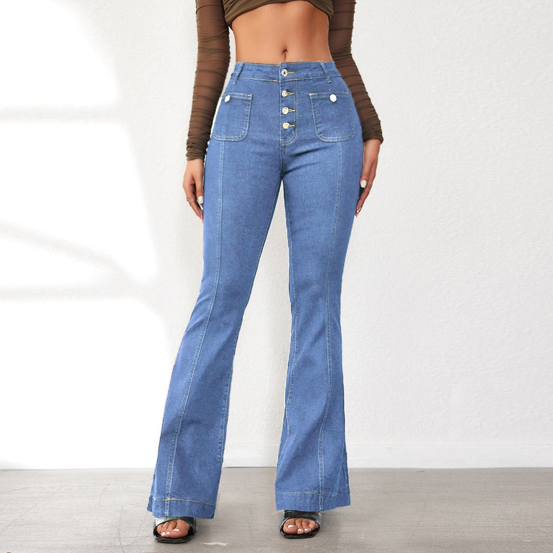 Damen Flared Jeans mit hohem Schnitt und eleganten Knopfdetails EB