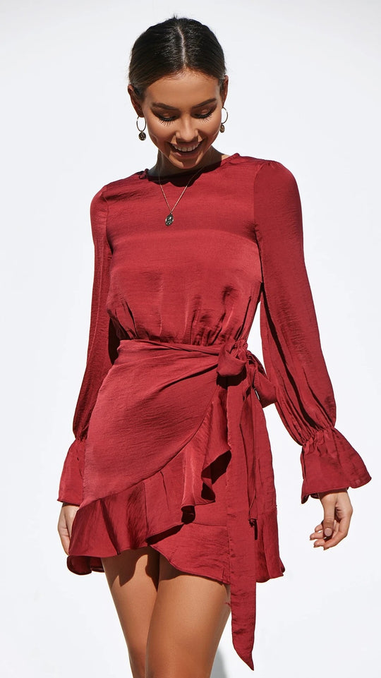 Damen Wickelkleid mit schwingenden Volant-Ärmeln und elegantem Taillenband EB