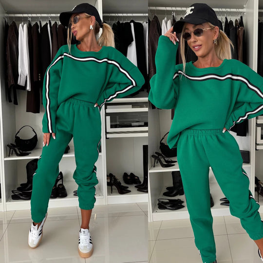Damen sportives Lounge-Set mit gestreiften Seitenstreifen, oversized Sweatshirt und elastischer Jogginghose EB