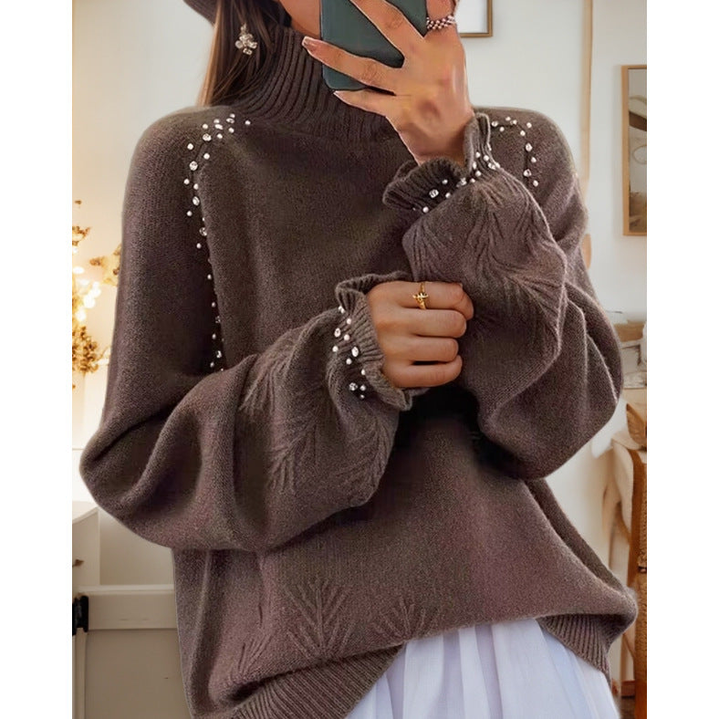 Damen nan Oversize Strickpullover mit Stehkragen und Perlendetails EB