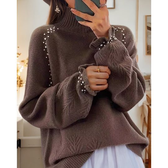 Damen nan Oversize Strickpullover mit Stehkragen und Perlendetails EB