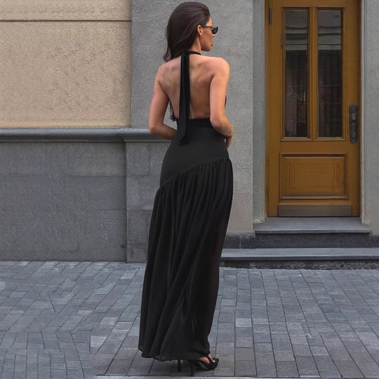 Damen Maxi-Kleid mit elegantem Stehkragen und fließendem Rock EB