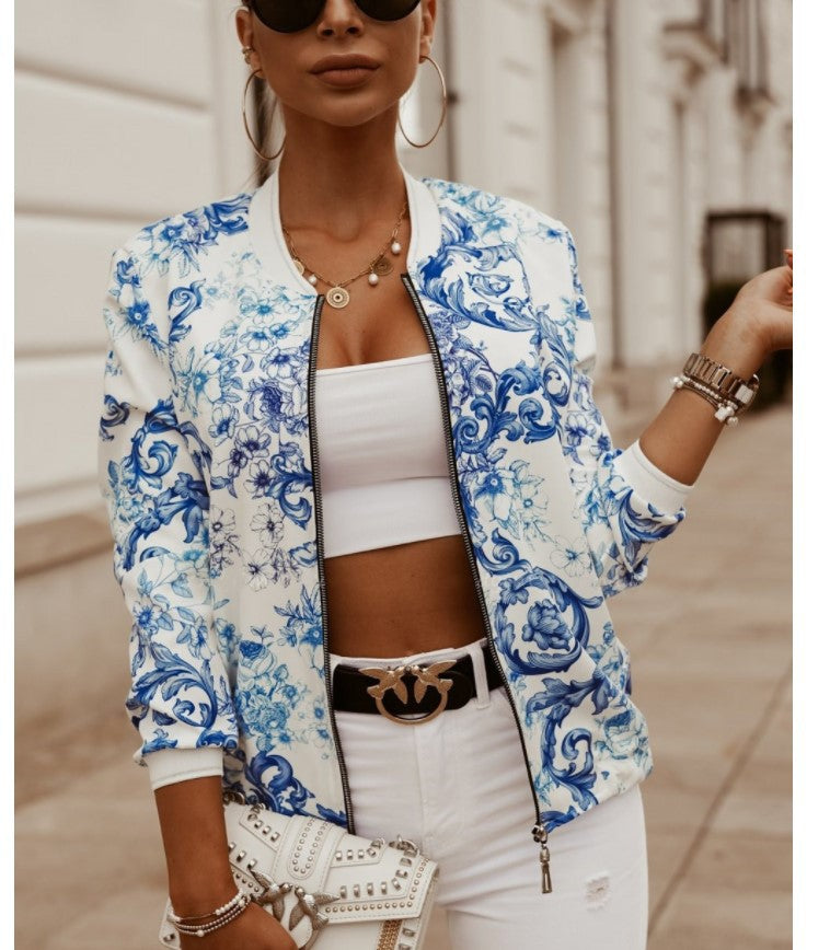Damen Sportliche Bomberjacke mit floralem Print und Reißverschluss EB