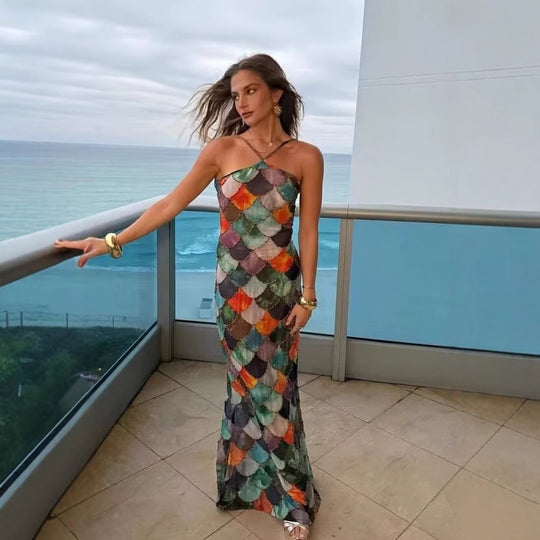 Damen Maxikleid aus fließendem Chiffon mit maritimem Schuppenmuster EB