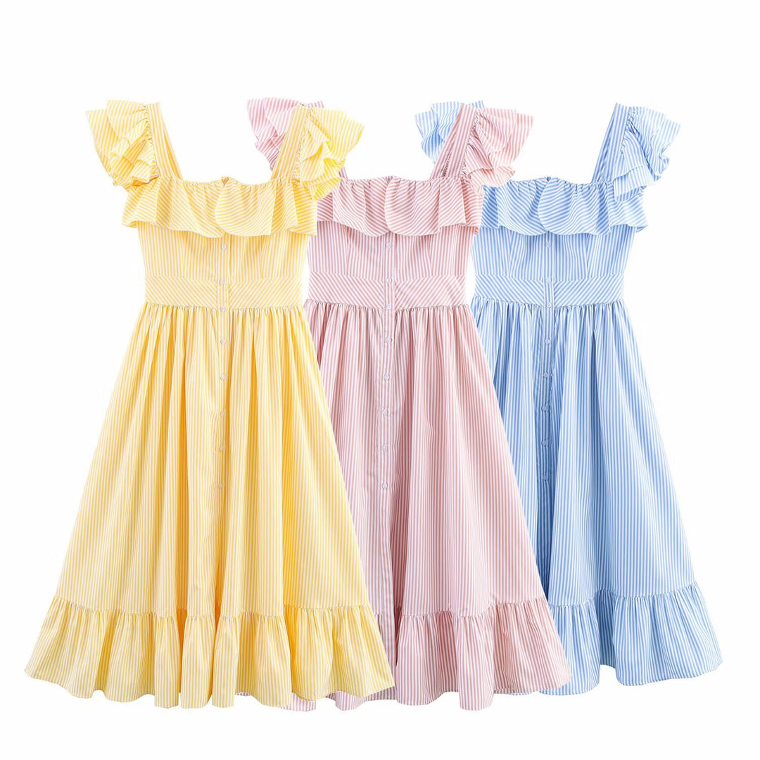 Damen Maxikleid mit voluminösem Rüschen-Design und Knopfverschluss EB