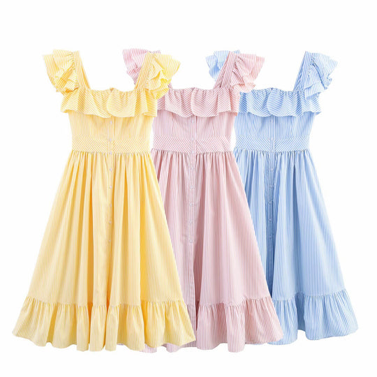 Damen Maxikleid mit voluminösem Rüschen-Design und Knopfverschluss EB